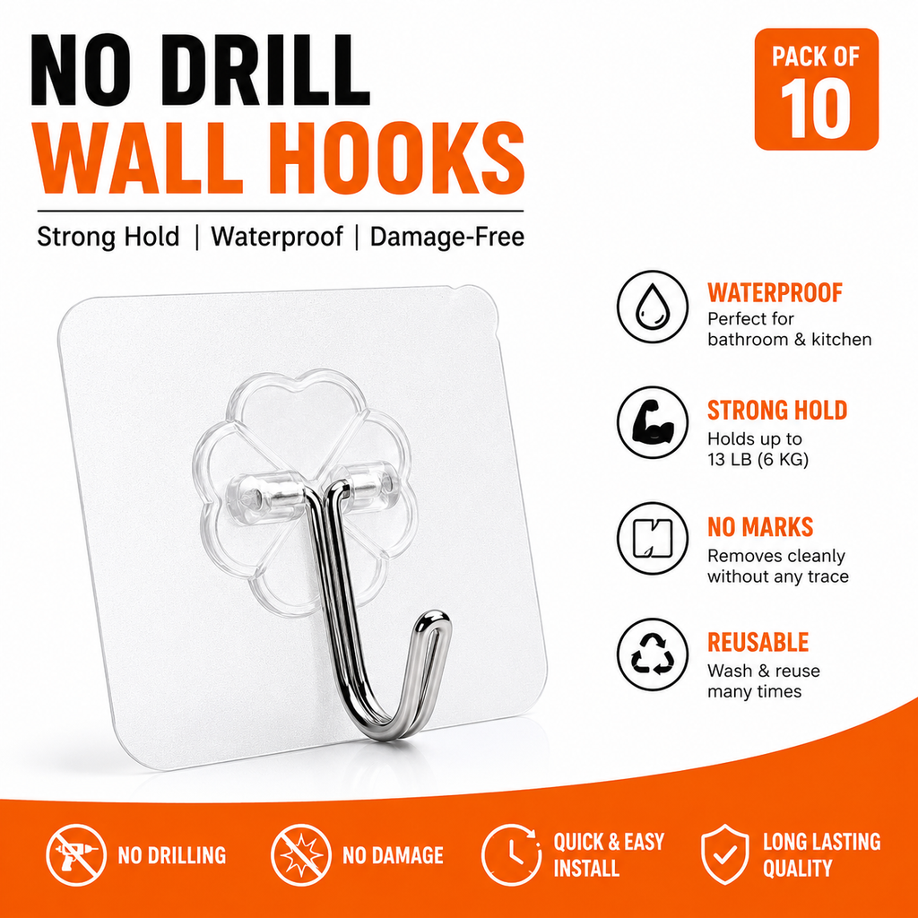 Transparent Self Adhesive Wall Hooks (Pack of 10)