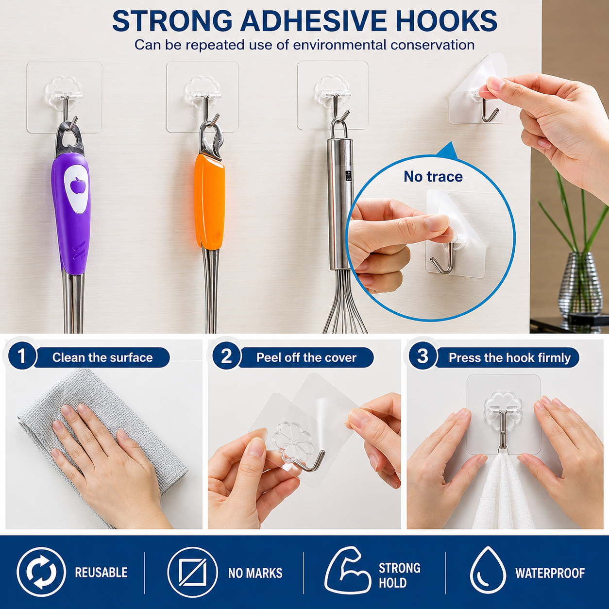 Transparent Self Adhesive Wall Hooks (Pack of 10)